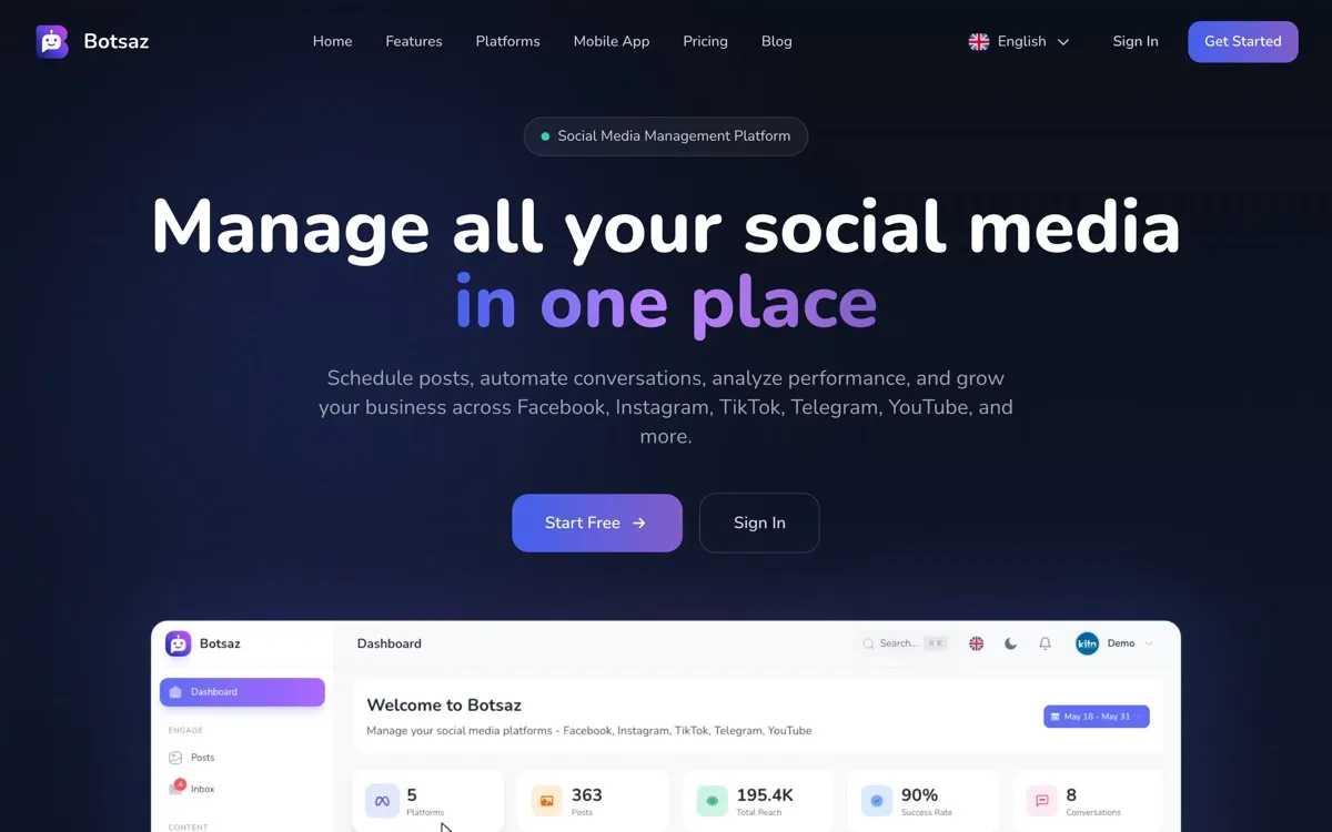 The Botsaz landing page and dashboard
